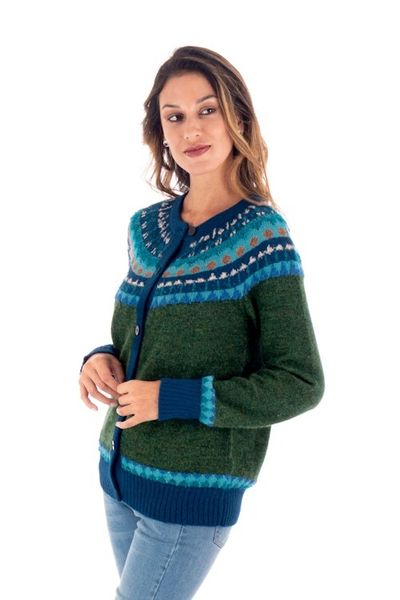 Alternate image for 100 Alpaca Green Yoke Cardigan From Peru Andean Forests