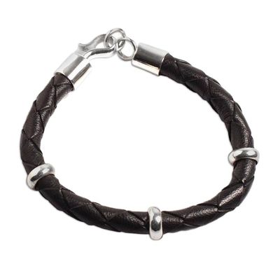 Alternate image for Collectible Mens Leather and Silver Wristband Bracelet Bold Black