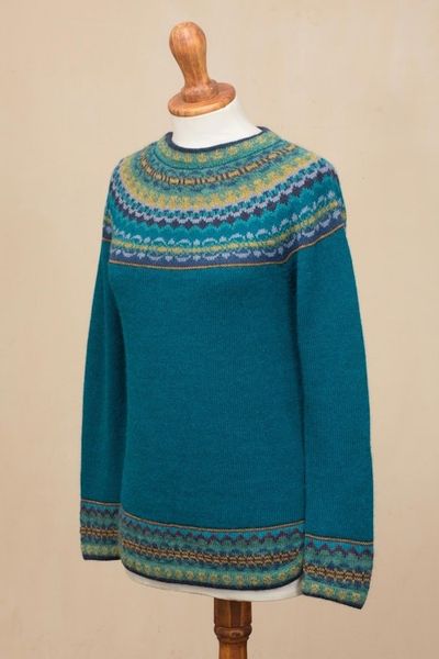 Alternate image for Teal Blue 100 Alpaca Pullover Patterned Peruvian Sweater Playful Teal