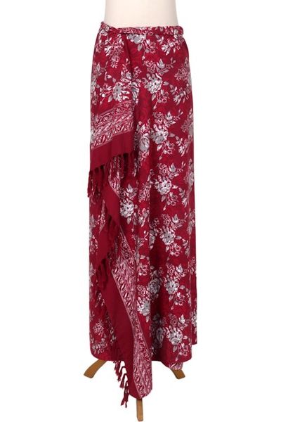 Alternate image for Red Floral Rayon Sarong with Hand Stamped Batik Pattern Tropical Garden in Claret