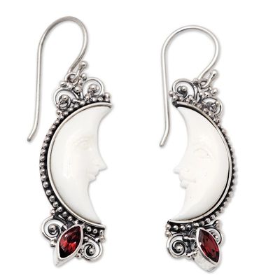 Alternate image for Garnet and Silver Crescent Moon Dangle Earrings from Bali Natural Moonlight
