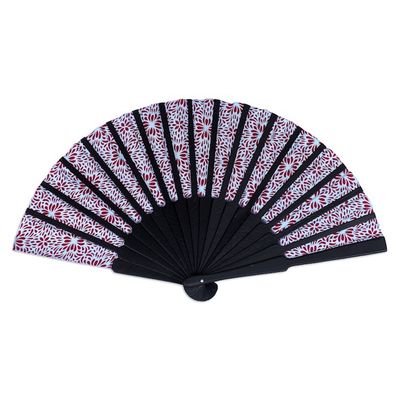 Alternate image for Unique Silk Batik Fan with Floral Print Aster Blue