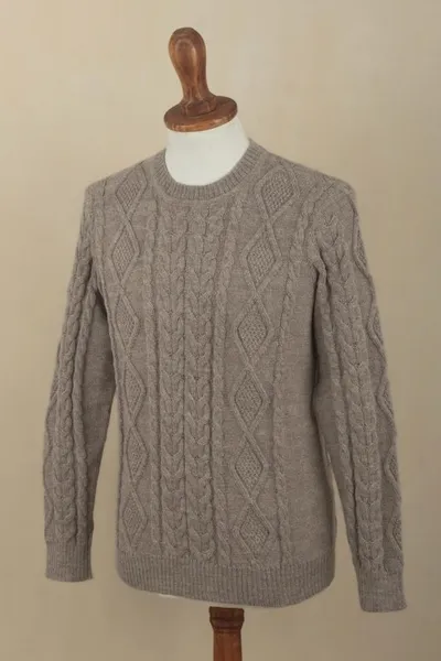 Alternate image for Mens Mushroom Brown 100 Alpaca Cable Knit Pullover Sweater Mushroom Brown Geometry