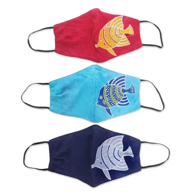Alternate image for 3 Handmade Rayon Batik Fish Cotton 2-Layer Face Masks Balinese Fish