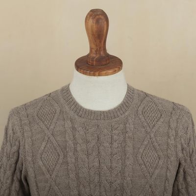 Alternate image for Mens Mushroom Brown 100 Alpaca Cable Knit Pullover Sweater Mushroom Brown Geometry