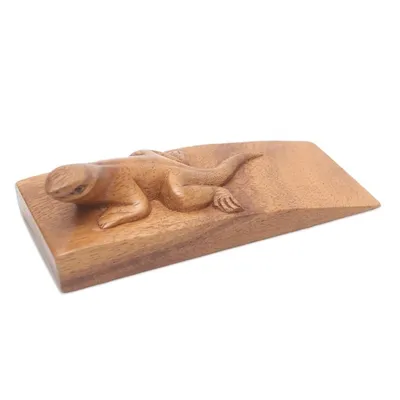 Alternate image for Hand Carved Suar Wood Lizard Door Stopper in Brown from Bali Handy Gecko in Brown
