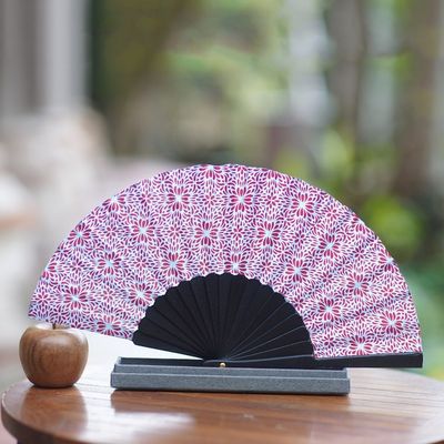 Alternate image for Unique Silk Batik Fan with Floral Print Aster Blue