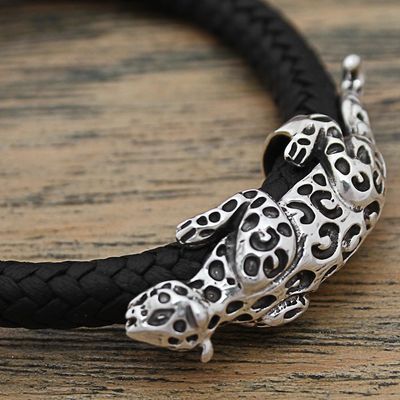 Alternate image for Hand Made Leather Sterling Silver Braided Bracelet Mexico Life of the Jaguar