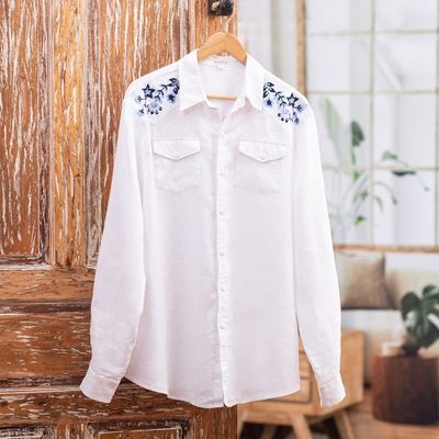 Alternate image for Mens Hand-Embroidered Shirt with Floral Motif Calm Under Pressure