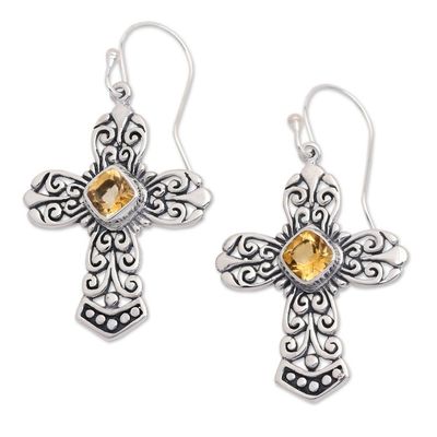 Alternate image for Sterling Silver Cross Dangle Earrings with Citrine Stones Cross of Heaven in Yellow