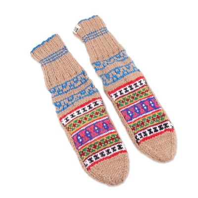 Alternate image for Hand-Knit Geometric Patterned Thick Slipper Style Socks Chai Tea
