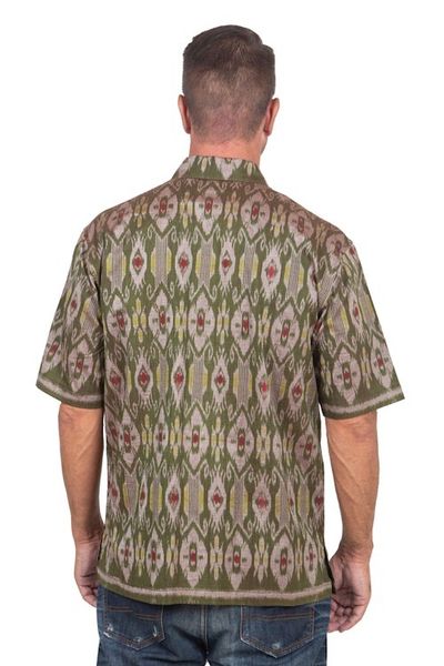 Alternate image for Hand Woven Mens Short Sleeved Cotton Shirt Green Summer