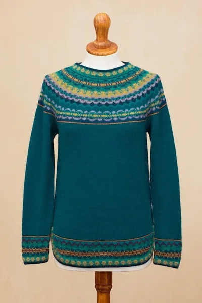 Alternate image for Teal Blue 100 Alpaca Pullover Patterned Peruvian Sweater Playful Teal
