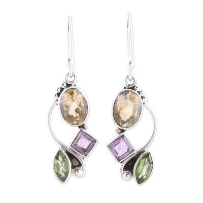 Alternate image for Citrine Amethyst Peridot and Sterling Silver Dangle Earrings Sun with Violets