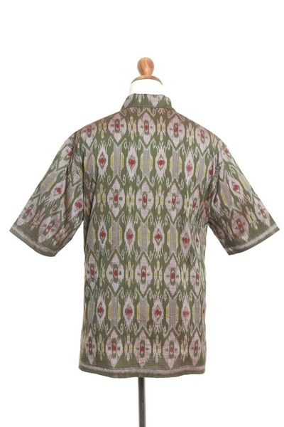 Alternate image for Hand Woven Mens Short Sleeved Cotton Shirt Green Summer